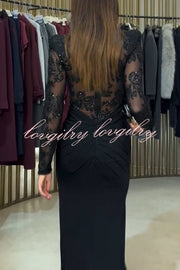 Fenna Sheer Floral Sequin Shoulder Pads Long Sleeve Drape Slit Maxi Dress