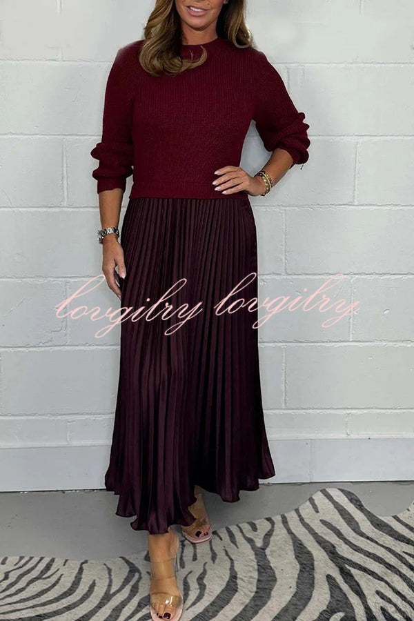 Stylish Knitted Round Neck Long Sleeve Patchwork Pleated Hem Maxi Dress