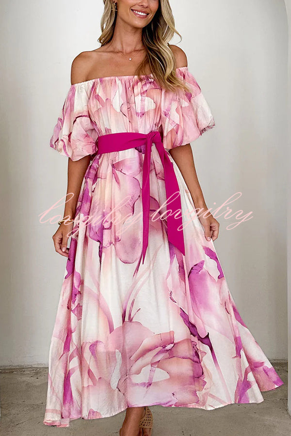 Floral Print Elegant Puff Sleeve Tie-Waist Midi Dress