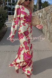 Rhia Satin Floral Print One Shoulder Flared Maxi Dress