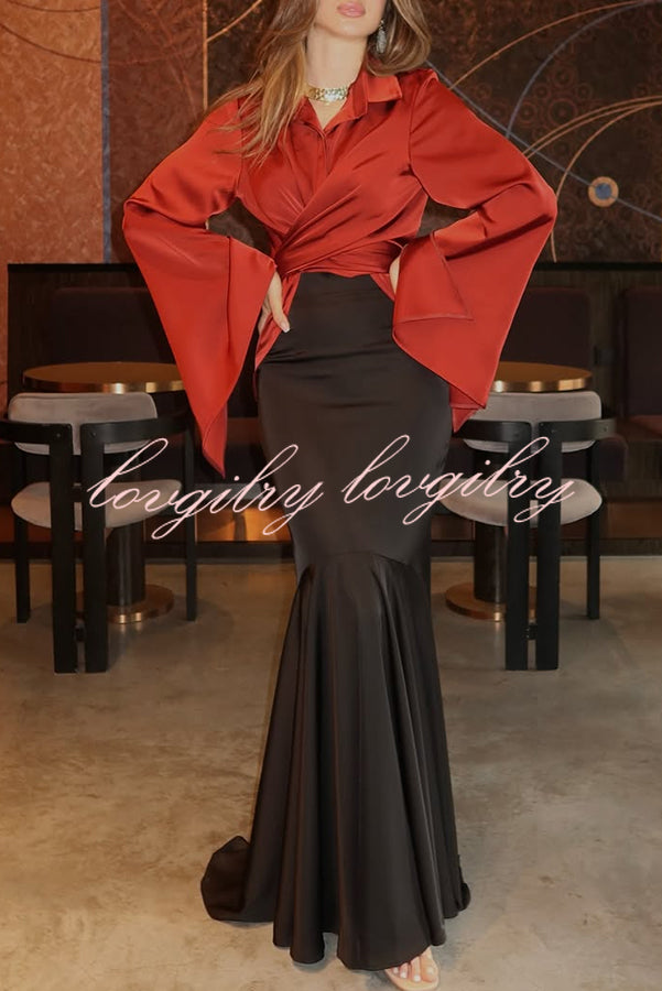 Jenny Satin High Rise Elastic Waist Flare Maxi Skirt