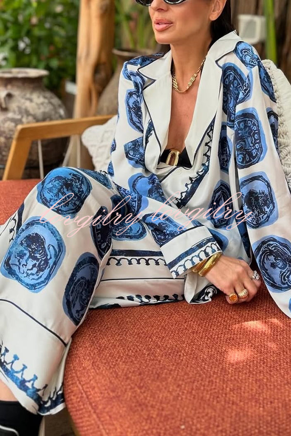 Unique Print Lapel Long Sleeve Shirt and Elastic Waist Wide Leg Pants Set