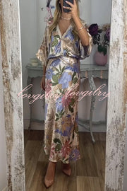 Satin Floral Print V-neck Half-sleeve Loose Top and Elegant Maxi Skirt Set