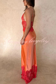 Elegant Evening Satin Lace Patchwork See-through Waist Slip Maxi Dress
