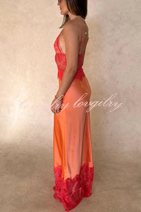 Elegant Evening Satin Lace Patchwork See-through Waist Slip Maxi Dress
