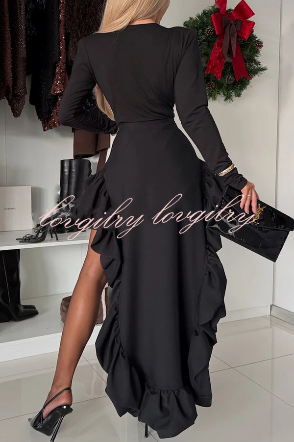 Toast To Midnight Solid Color High Rise Irregular Ruffled High Low Maxi Skirt
