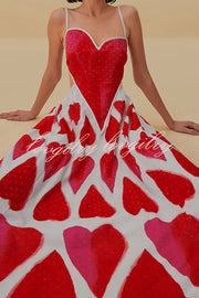 Full of Love Heart Shape Print Cutout Spaghetti Strap Backless Maxi Dress