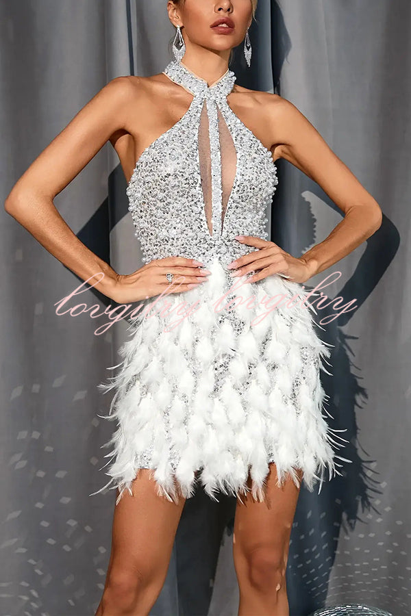 Stylish Sequined Sleeveless Feather-embellished Slim-fit Mini Dress