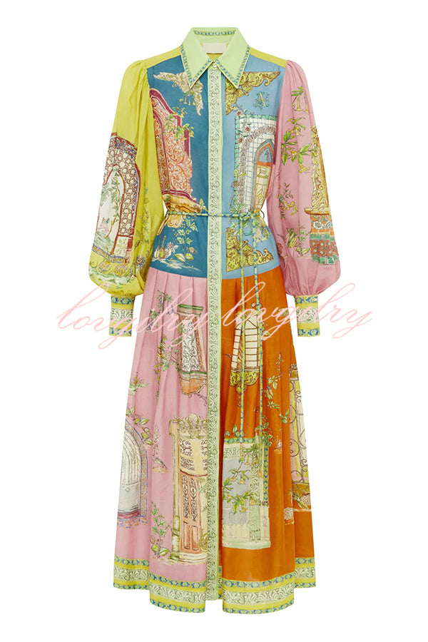 Unique Print Lapel Lantern Sleeve Single Breasted Tie Waist Midi Dress