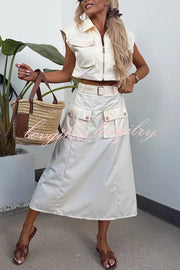 Athleisure Zipper Pocket Sleeveless Jacket and Belted Cargo Midi Skirt Set