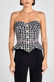 Maya Check Bouclé-tweed Fabric Sweetheart Neck Gold Button Strapless Tank