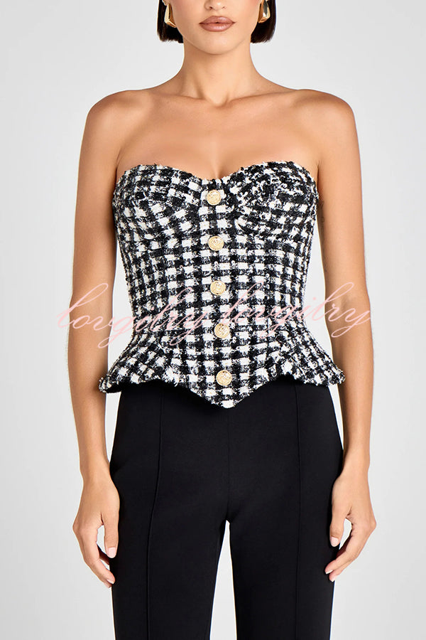Maya Check Bouclé-tweed Fabric Sweetheart Neck Gold Button Strapless Tank