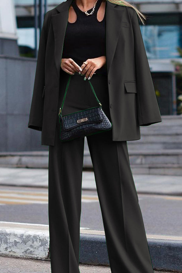 Solid Color Lapel Long Sleeve Loose Blazer and Casual Pocket Straight Pants Set