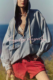 Fashion Loose Pocket Casual Denim Zipper Hoodie