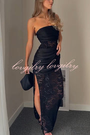 Dulcie Lace and Satin Patchwork Asymmetrical Pleats Bandeau Maxi Dress