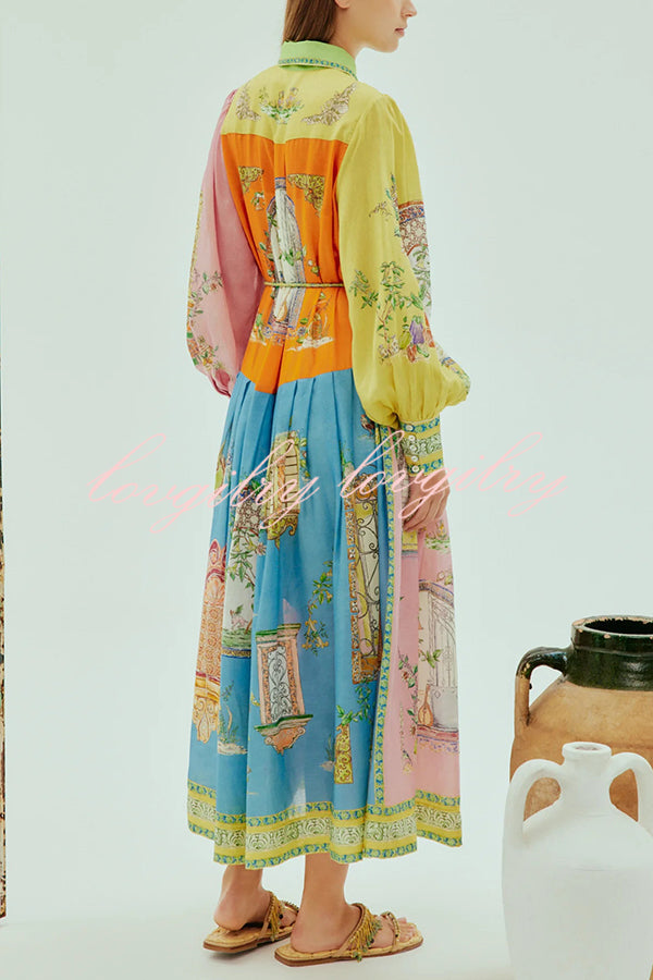 Unique Print Lapel Lantern Sleeve Single Breasted Tie Waist Midi Dress