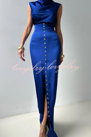Solid Color Casual Sleeveless Crop Top and Elegant Button-down Maxi Skirt Set