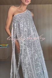 Holiday Muse Sequined Slit Tassels One Shoulder H-line Maxi Dress