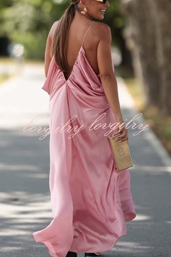 Venus Satin V-neck Draped Pleated Slip Loose Maxi Dress