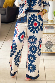 Unique Printed Lapel Long-sleeved Loose Shirt and Casual Pocket Wide-leg Pants Set