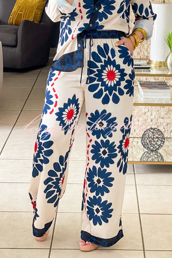 Unique Printed Lapel Long-sleeved Loose Shirt and Casual Pocket Wide-leg Pants Set