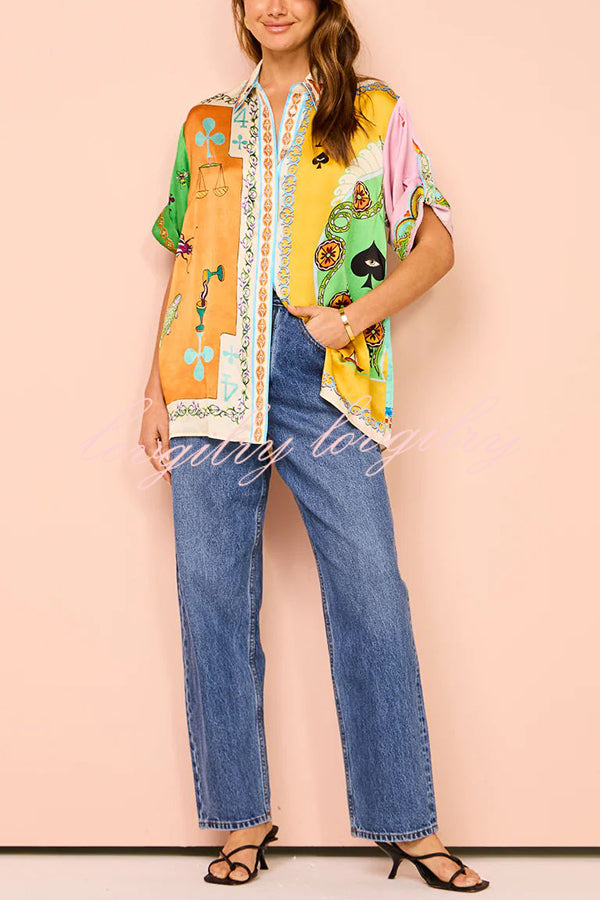 Funny Poker Summer Satin Unique Print Button Down Oversized Blouse