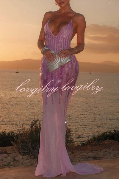 Perfect Night Sequin Embroidery Backless Drape Tulle Hem Slip Maxi Dress