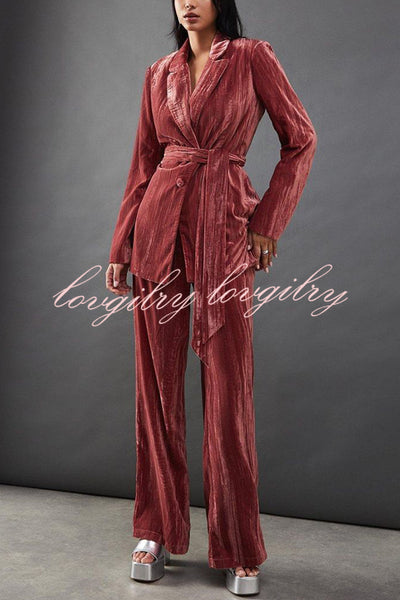Solid Color Velvet Long-sleeved Waist Tie Top and Elastic Waist Casual Pocket Straight-leg Pants Set