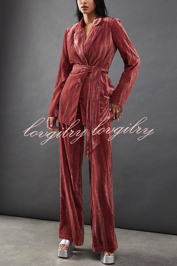 Solid Color Velvet Long-sleeved Waist Tie Top and Elastic Waist Casual Pocket Straight-leg Pants Set