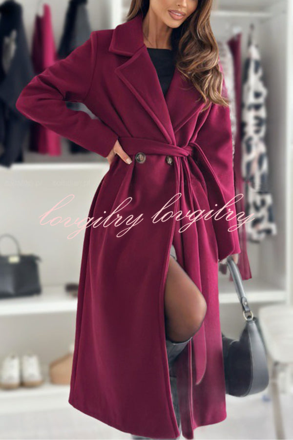 Solid Color Lapel Long Sleeve Waist Tie Long Coat