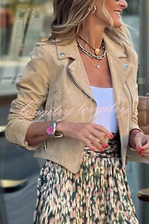 Fashion Suede Lapel Long Sleeve Motorcycle Jacket