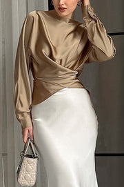 Solid Color Satin Long-sleeved Crossover Casual Shirt