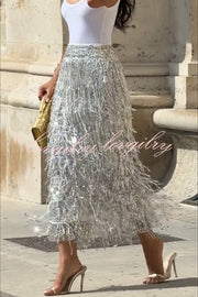Evening Charm Layered Sequined Tassels High Rise Back Zipper Slit Midi Skirt