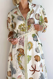 Beach Shell Print Puff Sleeve Tie-Waist Casual Midi Dress