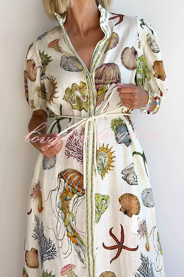 Beach Shell Print Puff Sleeve Tie-Waist Casual Midi Dress