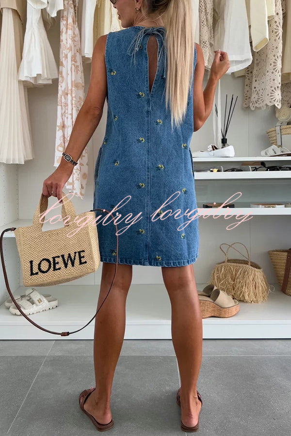 Floral Print Round Neck Sleeveless Loose Denim Mini Dress