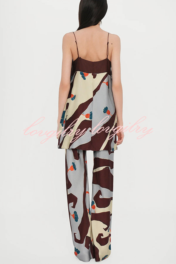 Loving Views Satin Unique Print a-line Tank and Elastic Waist Loose Pants Set