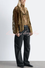 Reigna Semi-sheer Floral Lace Bow Neck Balloon Sleeve Loose Blouse