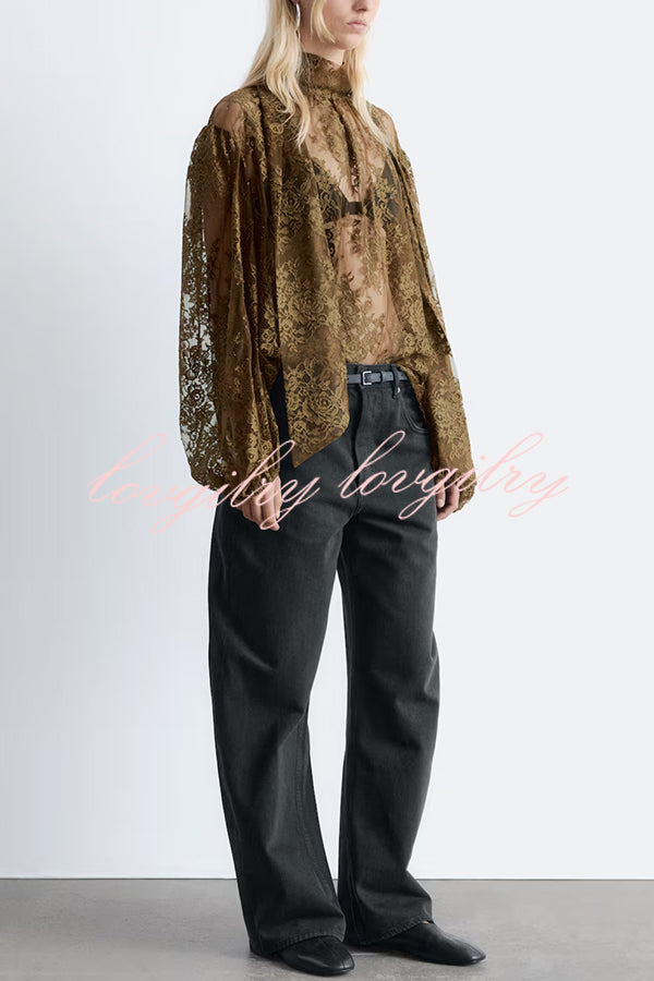 Reigna Semi-sheer Floral Lace Bow Neck Balloon Sleeve Loose Blouse