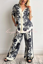 Linen Blend Lapel Short Sleeve Loose Top and Elastic Waist Casual Pocket Wide Leg Pants Set