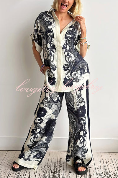 Linen Blend Lapel Short Sleeve Loose Top and Elastic Waist Casual Pocket Wide Leg Pants Set