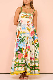 Holiday Paradise Linen Blend Unique Print Smocked Back Pocket Maxi Dress