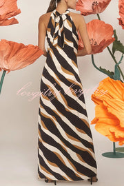 Uptown Cafe Satin Color Block Print Tie-up Neck Maxi Dress