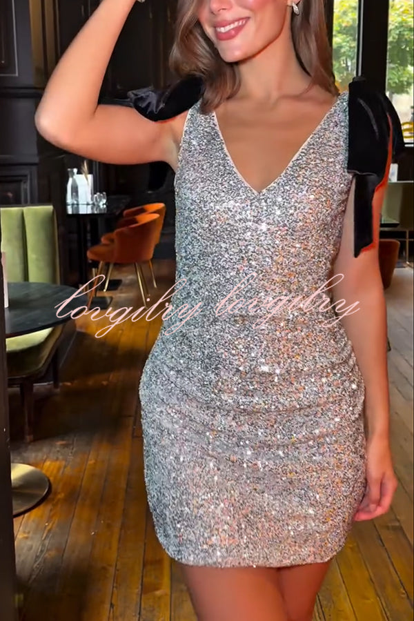 Sparkle and Elegance Sequin Velvet Bow Strap Detail V-neck Mini Dress