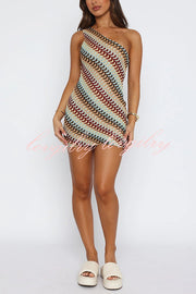 Playful Colorful Knitted Slim-fitting Offset Neck Stretch Mini Dress