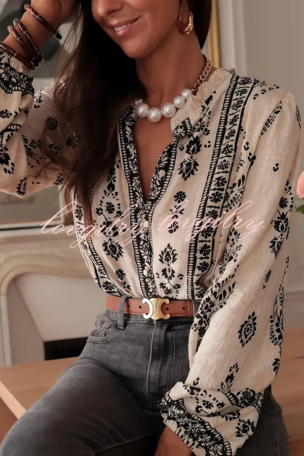Unique Print Long-Sleeved Button-Up Elegant Shirt