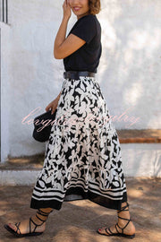 Resort Style Botanical Print Elastic Waist Loose Stitching Midi Skirt