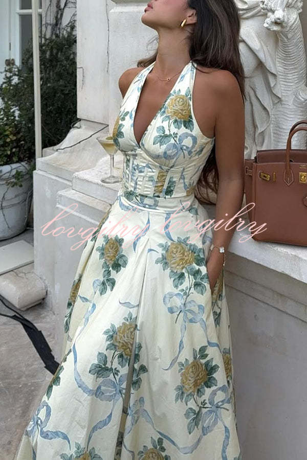 Resort Star Floral Print Waist Halterneck Tie Pocket Midi Dress