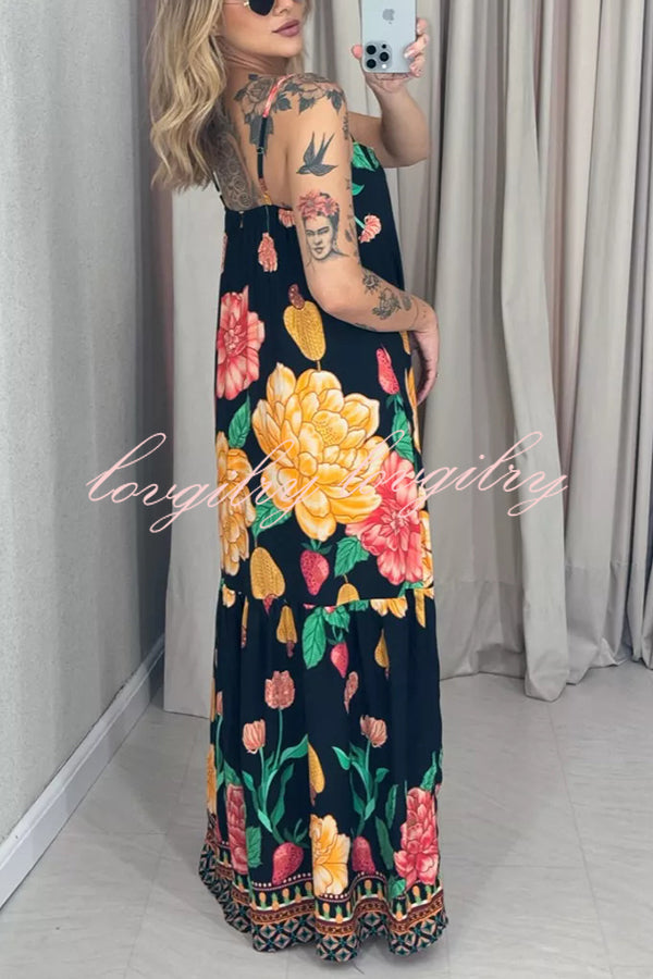 Floral Print Halter Back Loose Pocket Full Hem Maxi Dress