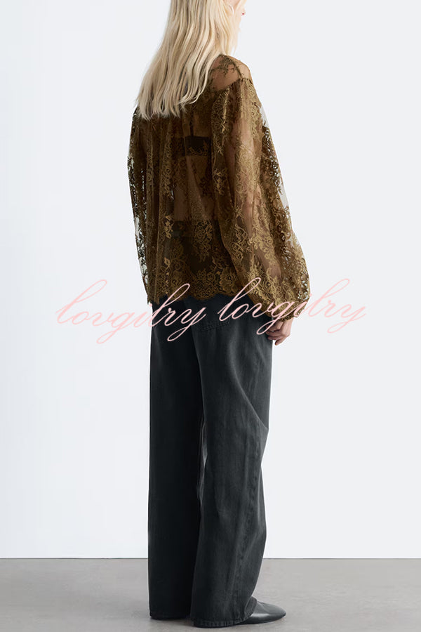 Reigna Semi-sheer Floral Lace Bow Neck Balloon Sleeve Loose Blouse